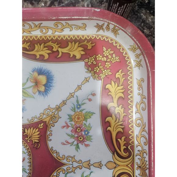 Vintage 1987 the Tin Box Company Square Serving Tray Tin Floral Red And Gold - Picture 8 of 11